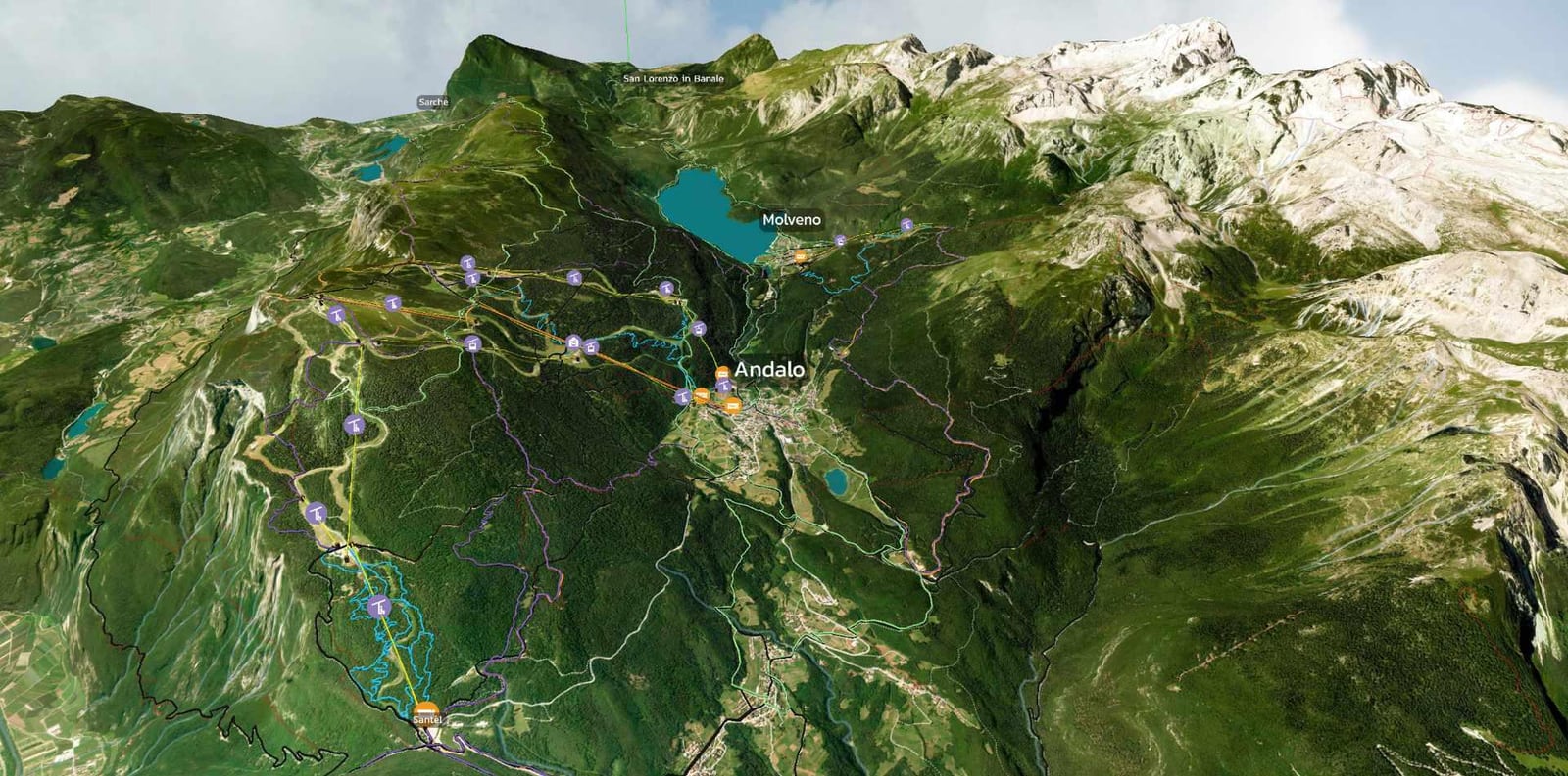 Mappa 3D dei percorsi bike tra Andalo, Molveno e Paganella