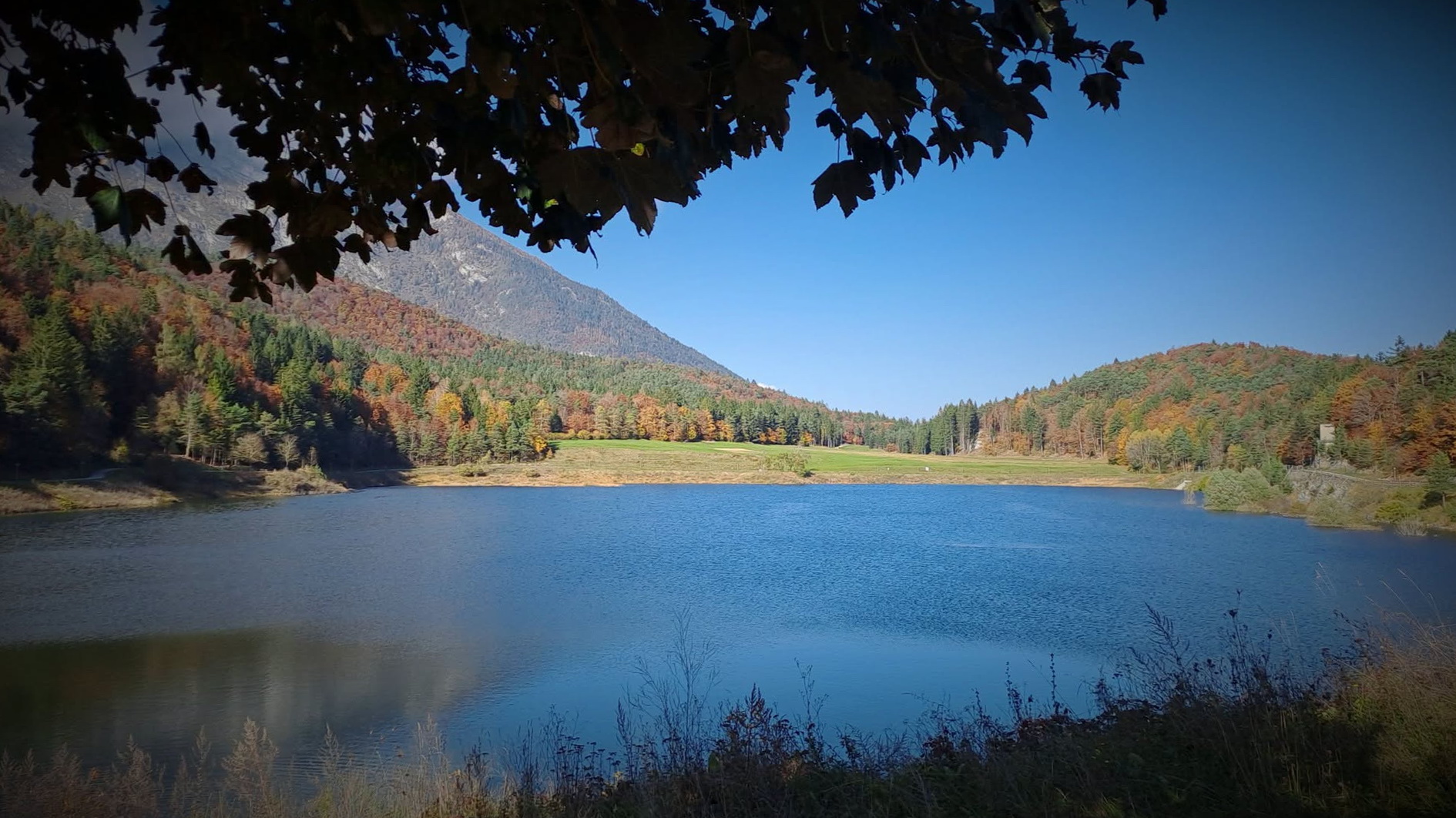 Lago carsico di Andalo circondato dai boschi
