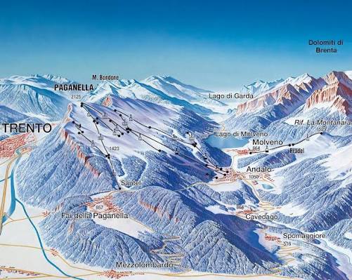 Mappa panoramica invernale della Paganella con Andalo, Fai e Molveno