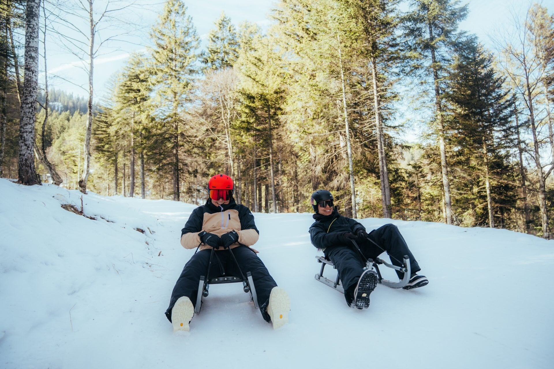 Due persone sullo slittino nel bosco innevato di Meriz